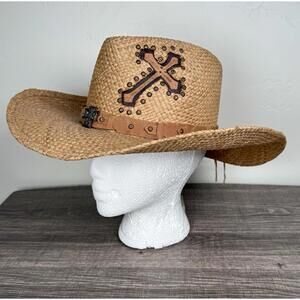 Bullhide Tan Straw Cowboy Western Hat Brown Leather Cross Band Studded Y2K Large
